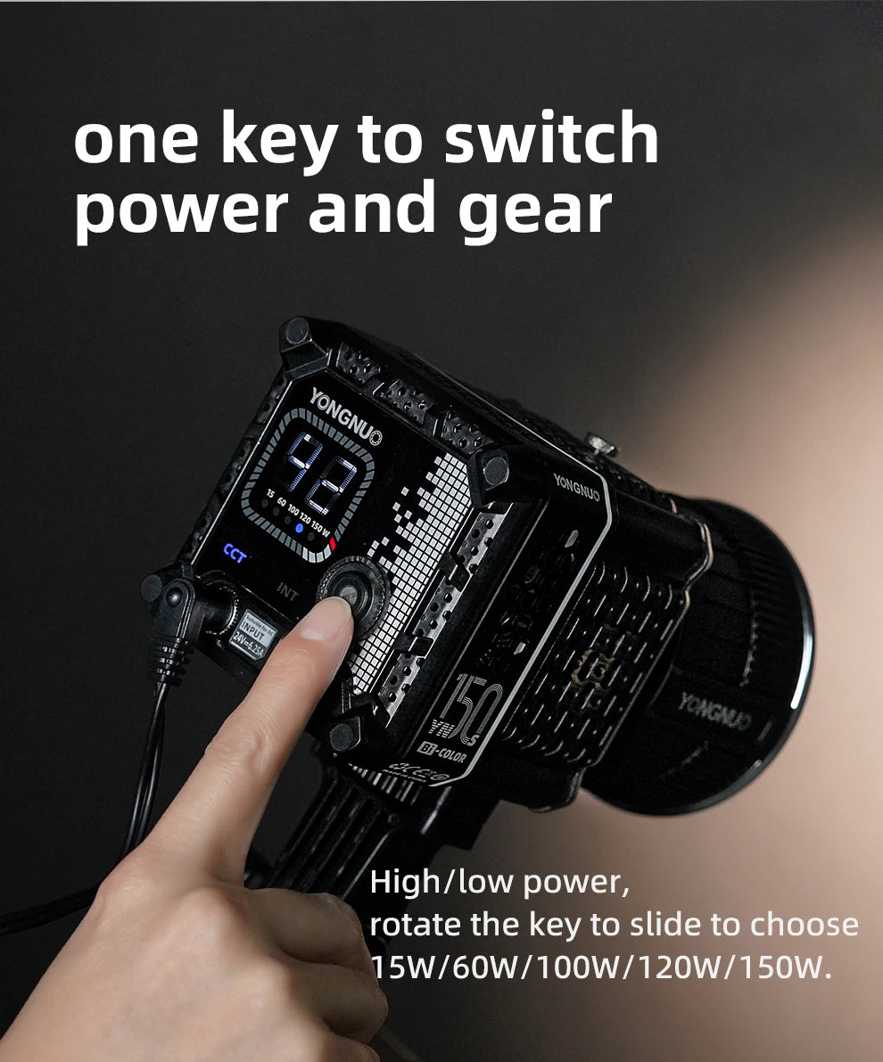 Black studio LED video light with a digital display and rotating control dial for adjusting brightness and power.