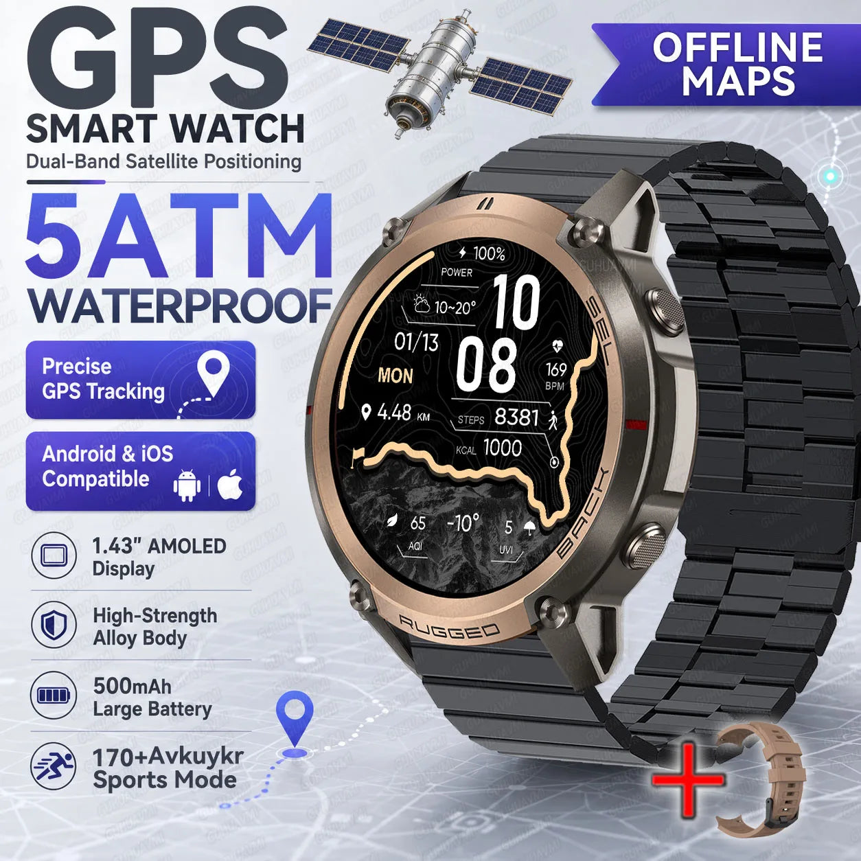 New Outdoor Sport GPS Position Smart Watch Men 1.43'AMOLED 170+Sport Mode 5ATM Waterproof Heart Rate Fitness Tracker Bracelets