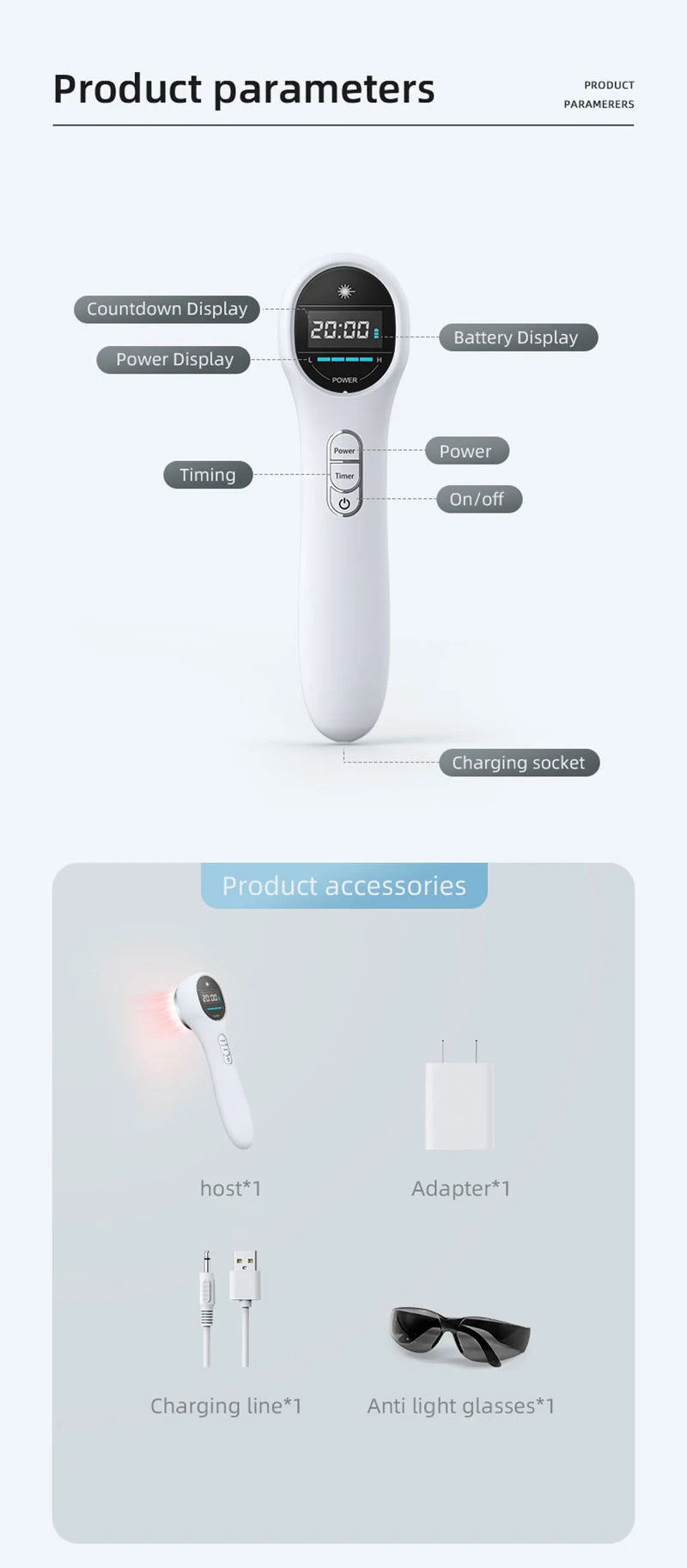 White handheld cold laser therapy device with LCD screen, timer, and red light emitter for pain relief with accessories.