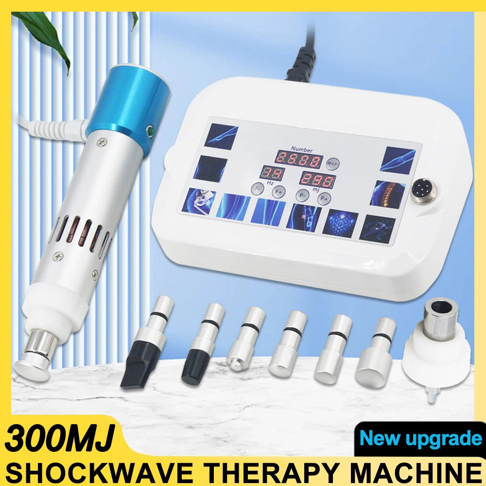 300MJ shockwave therapy machine with blue massage handle, digital control panel, and 7 interchangeable applicator heads.