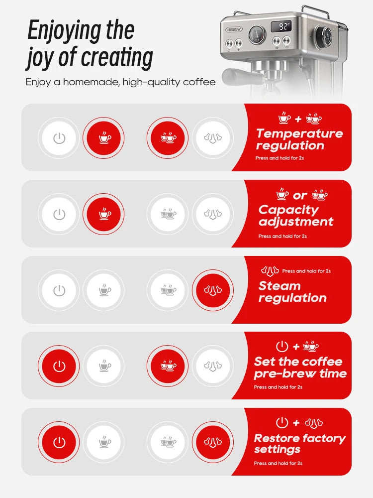 HiBREW stainless steel espresso machine user interface guide showing control button settings and functions.
