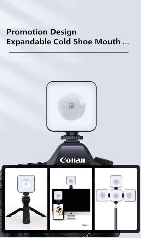 Square LED video light with cold shoe mount, attaches to cameras, monitors, or stands for photography and vlogging.