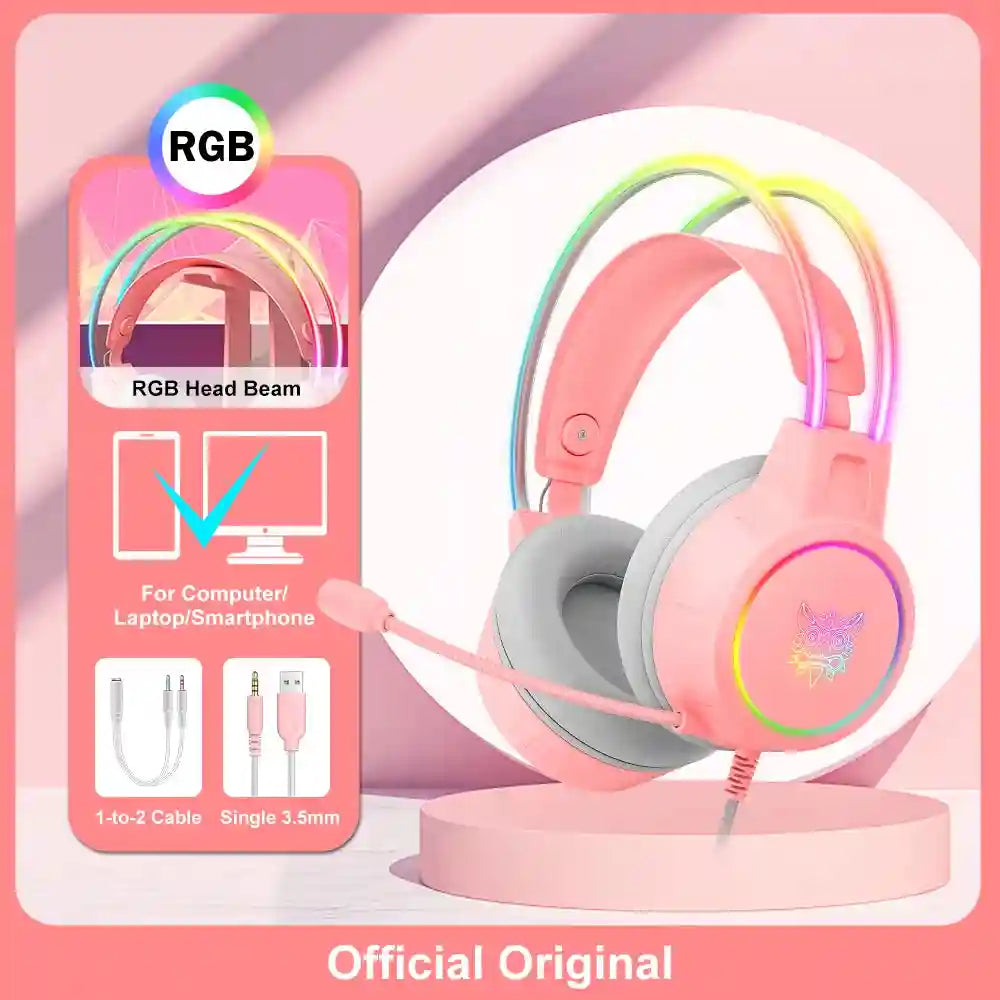 Gaming Headset with Mic - Wired RGB Over-Ear Headphones by Tidesmit Pink without Ear Tidesmit