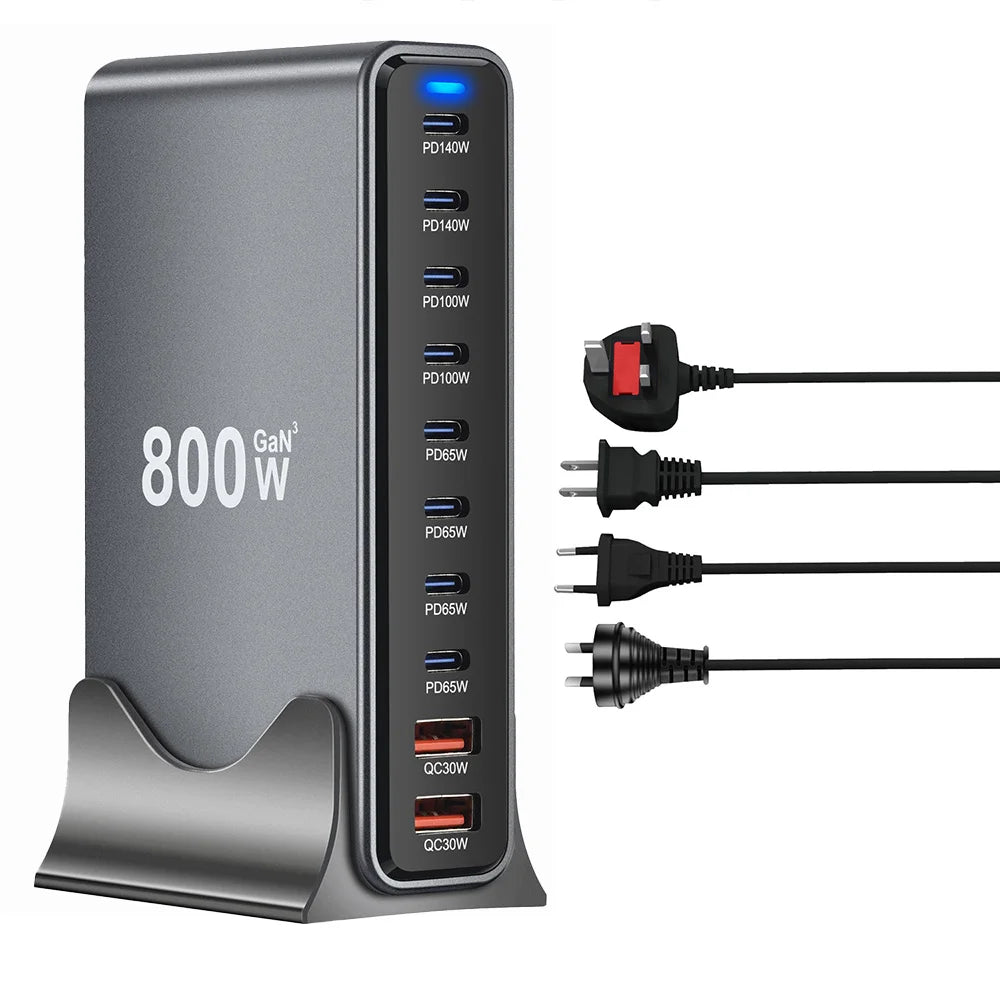 800W GaN 10-Port USB-C Desktop Charger - Fast Multi-Device Power Station Tidesmit