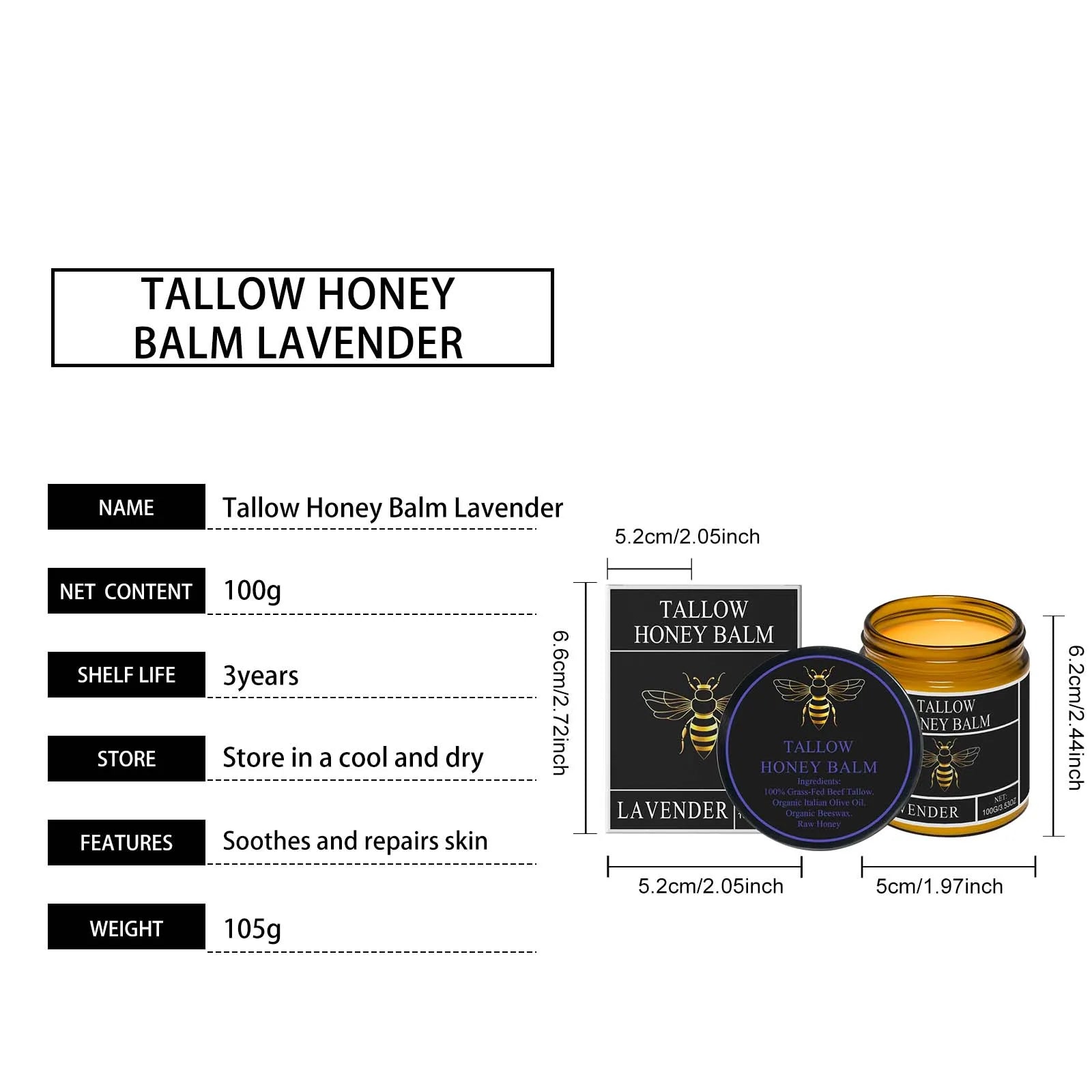 Organic Grass-Fed Beef Tallow Balm With Honey Soothen Nourishing Dry Skin Improves Elasticity Moisturizing Cream For Soft Smooth