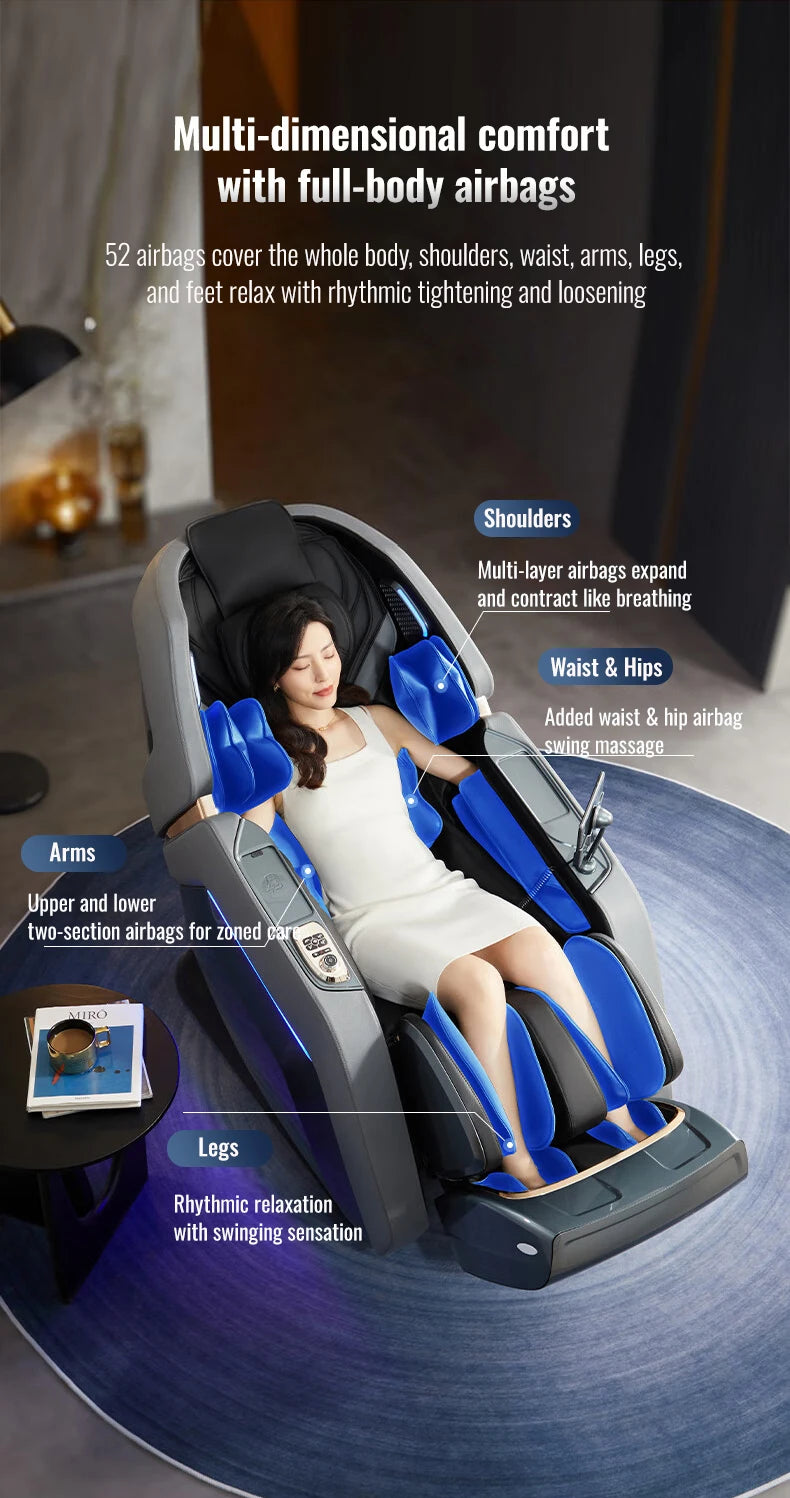 Grey 4D massage chair with blue airbags wrapping a woman’s shoulders, waist, arms, and legs.