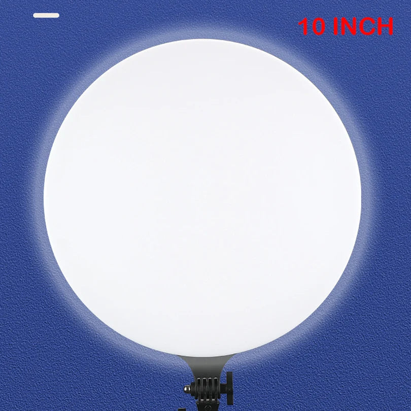 10-inch circular LED ring light with a white diffuser panel for photography and video lighting.