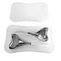 Two metallic silver, triangle-shaped facial cryo sticks with white handles, resting in a clear plastic storage case.