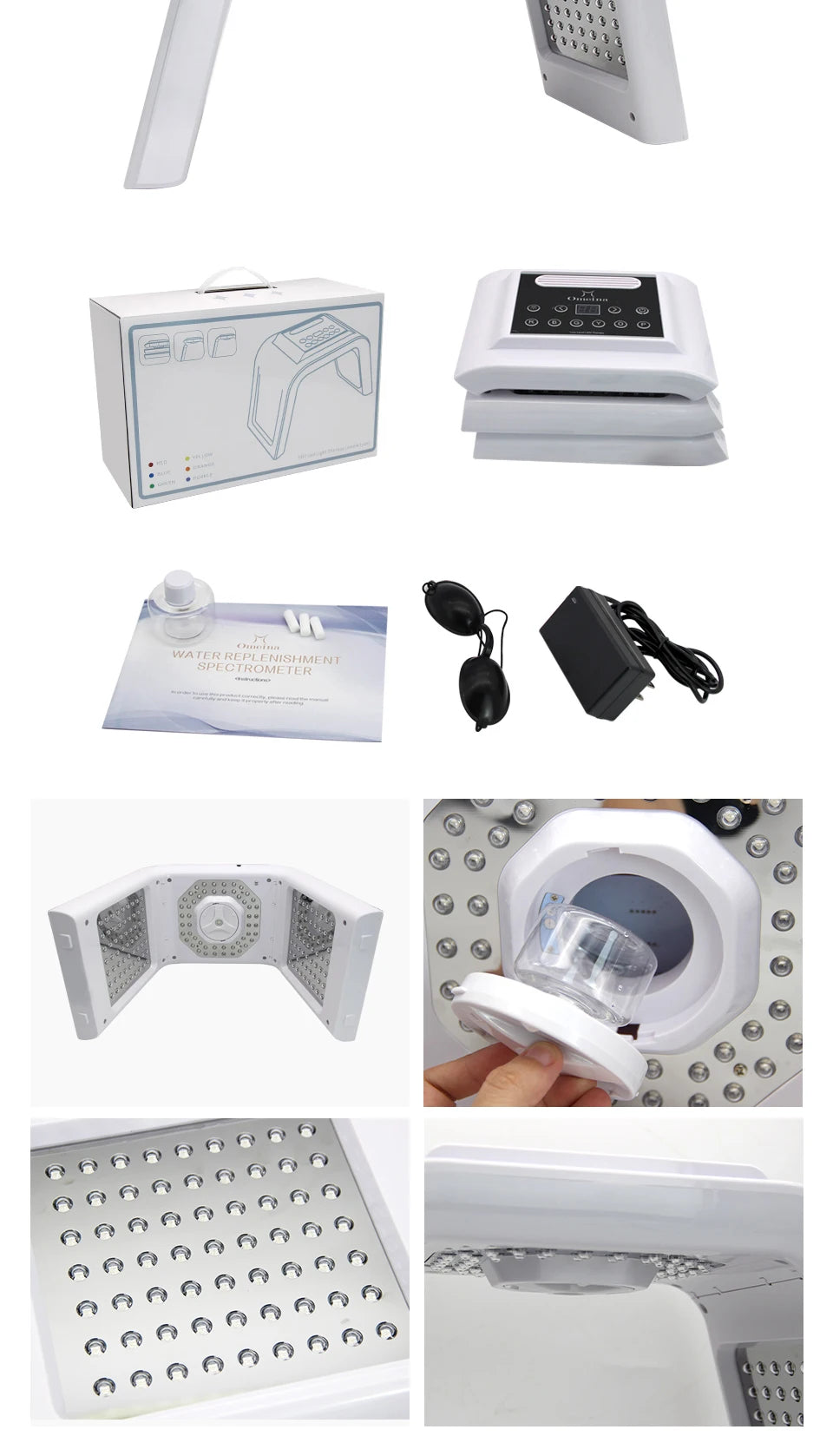 White LED light therapy device with water tank, protective glasses, power adapter, and manual in a carry box.