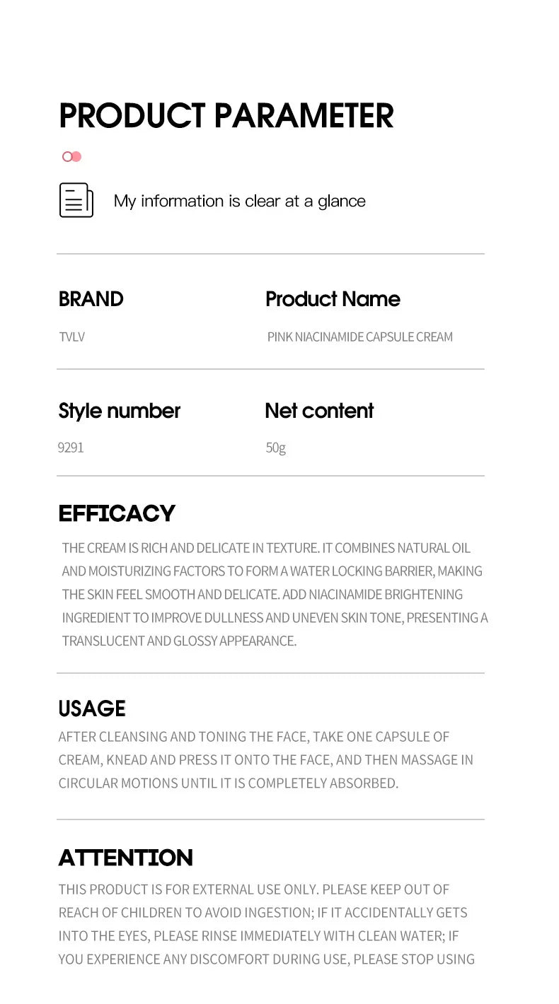Pink Niacinamide Capsule Cream Moisturizing, Brightening, Delicate and Moisturizing Facial lotion Cream