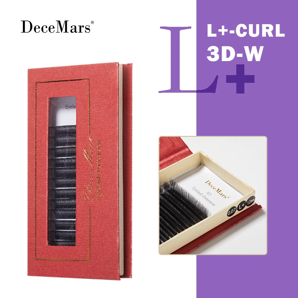 Black 3D-W eyelash extensions in a red rectangular box, featuring L+ curl, 0.07mm thickness, and 12mm length.