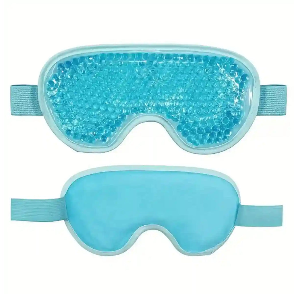 Two light blue gel eye masks with elastic straps; one side shows transparent blue beads, the other a smooth solid side.