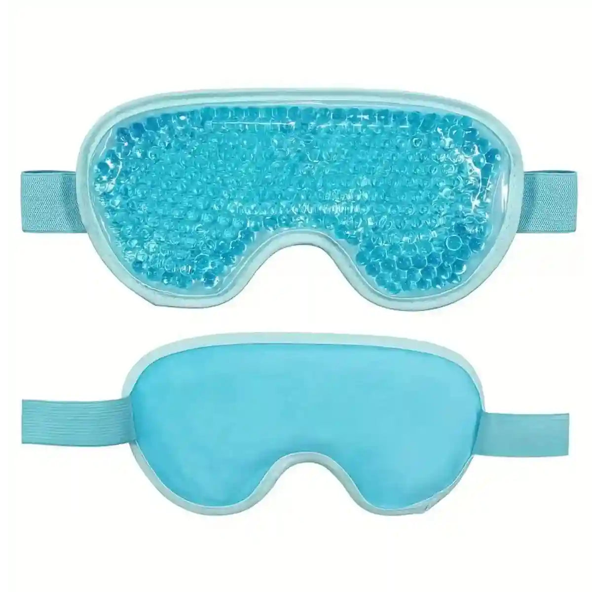 Two light blue gel eye masks with elastic straps; one side shows transparent blue beads, the other a smooth solid side.