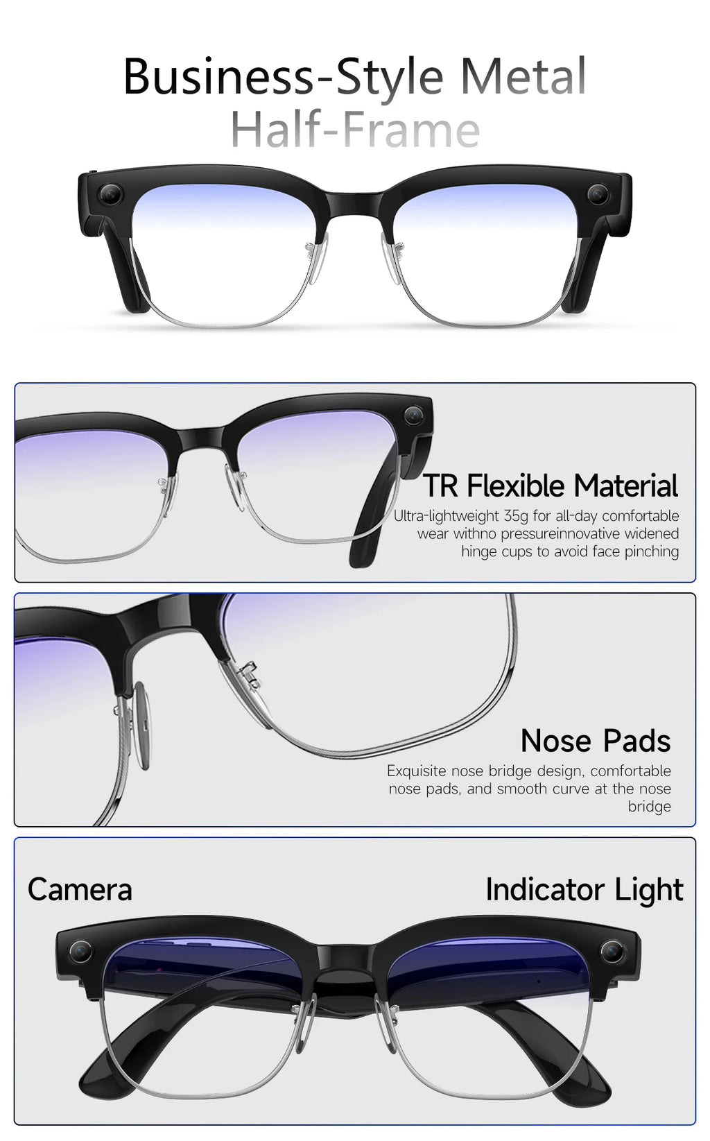 Smart Bluetooth Glasses with AI Camera and Live Translation - Tidesmit Tidesmit