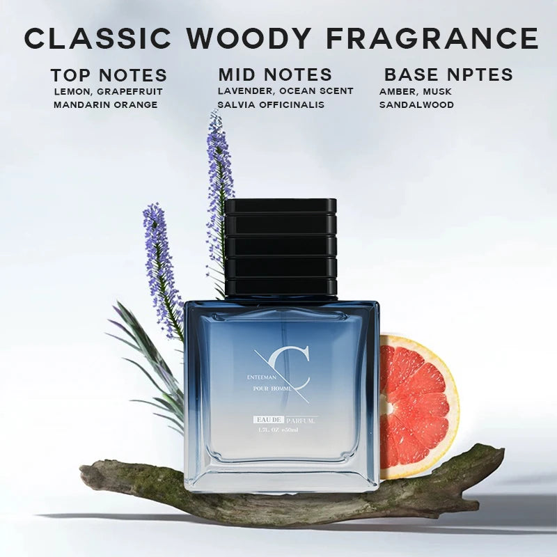 Enteeman Intense Pour Homme woody aromatic EDP for men. Long-lasting, square bottle with citrus, lavender, and musk.
