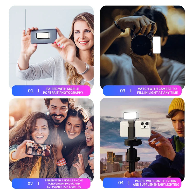 Small, rectangular LED fill light for smartphones and cameras, used for portrait, group, and evening photography.