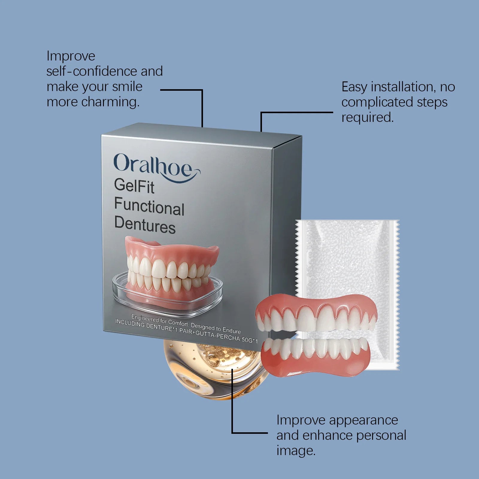 Silicone Dentures False Teeth Full Set Soft Safety Easy to Use Perfect Fit Oral Improve Tooth Loss Broken Temporary Improve