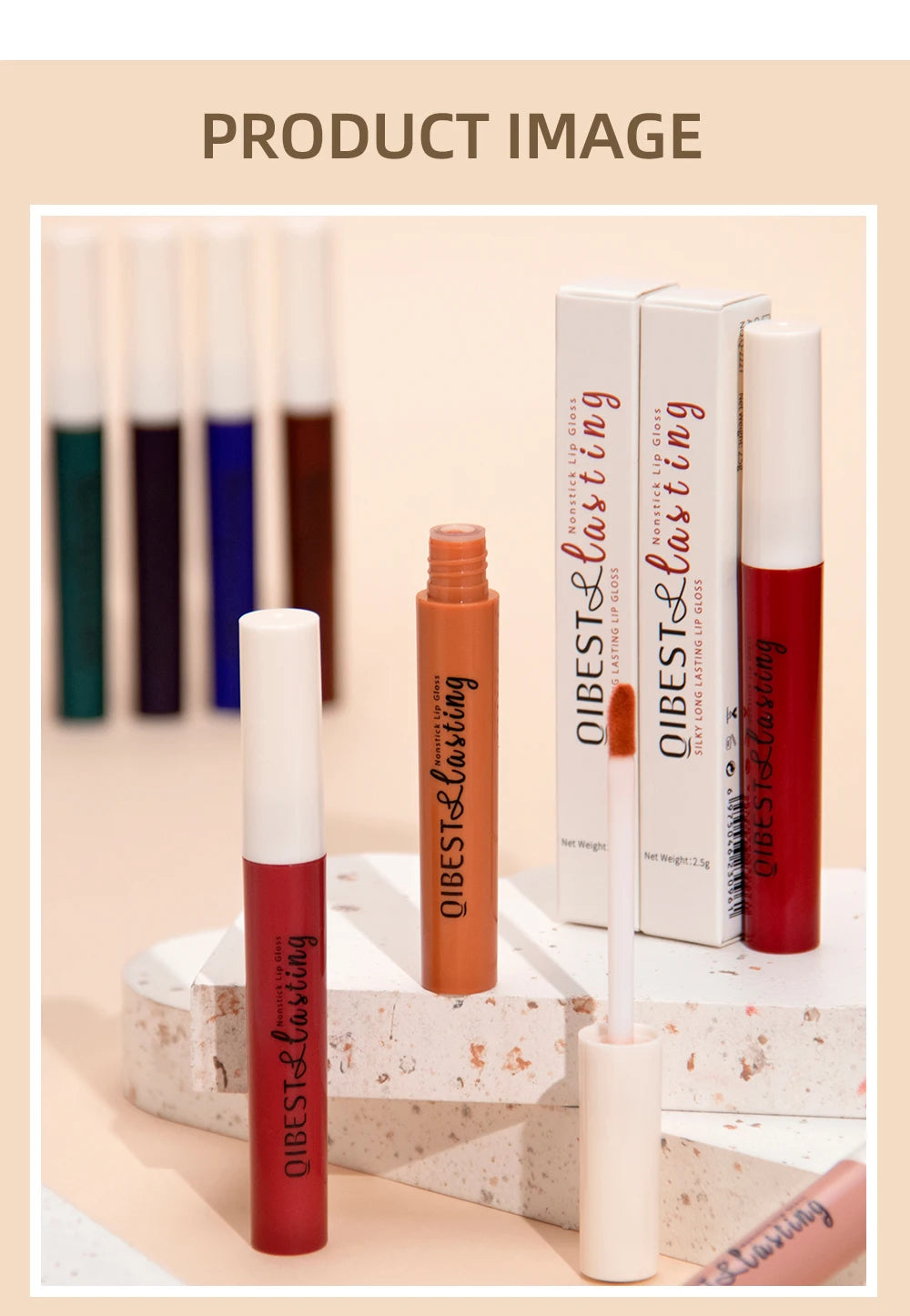 QIBEST long-lasting velvet matte liquid lipsticks in red and nude shades with applicator on stone display.