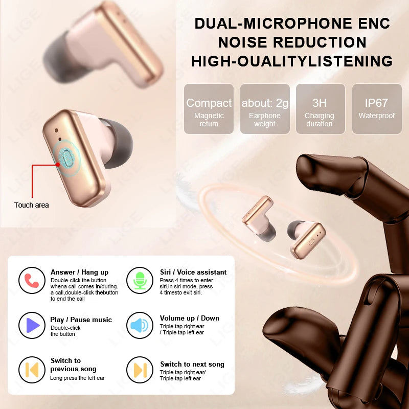 LIGE New 2-in-1 Smart Watch with TWS Bluetooth Earphones Heart Rate Blood Oxygen Monitor New Sport Fitness BT Call Music Watches