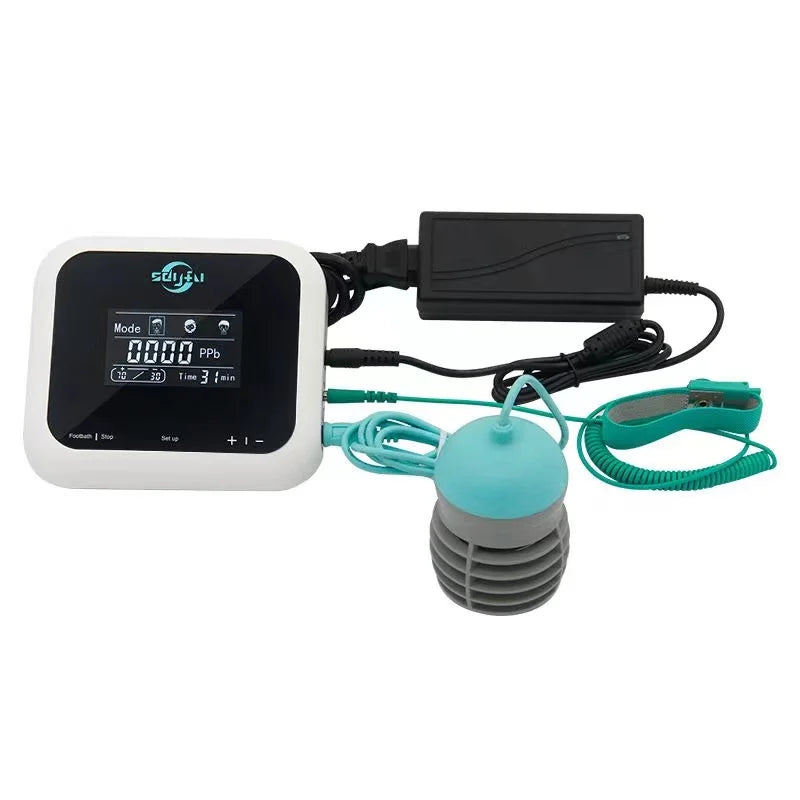 Ionic detox foot spa machine with digital display, blue array, and wrist strap for home aqua health therapy.