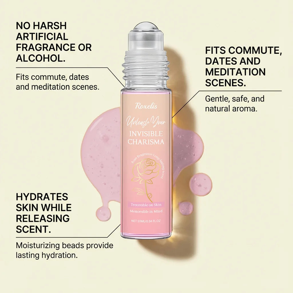 Roxelis Rose rollerball perfume: fresh, long-lasting natural fragrance for women in a portable glass bottle.