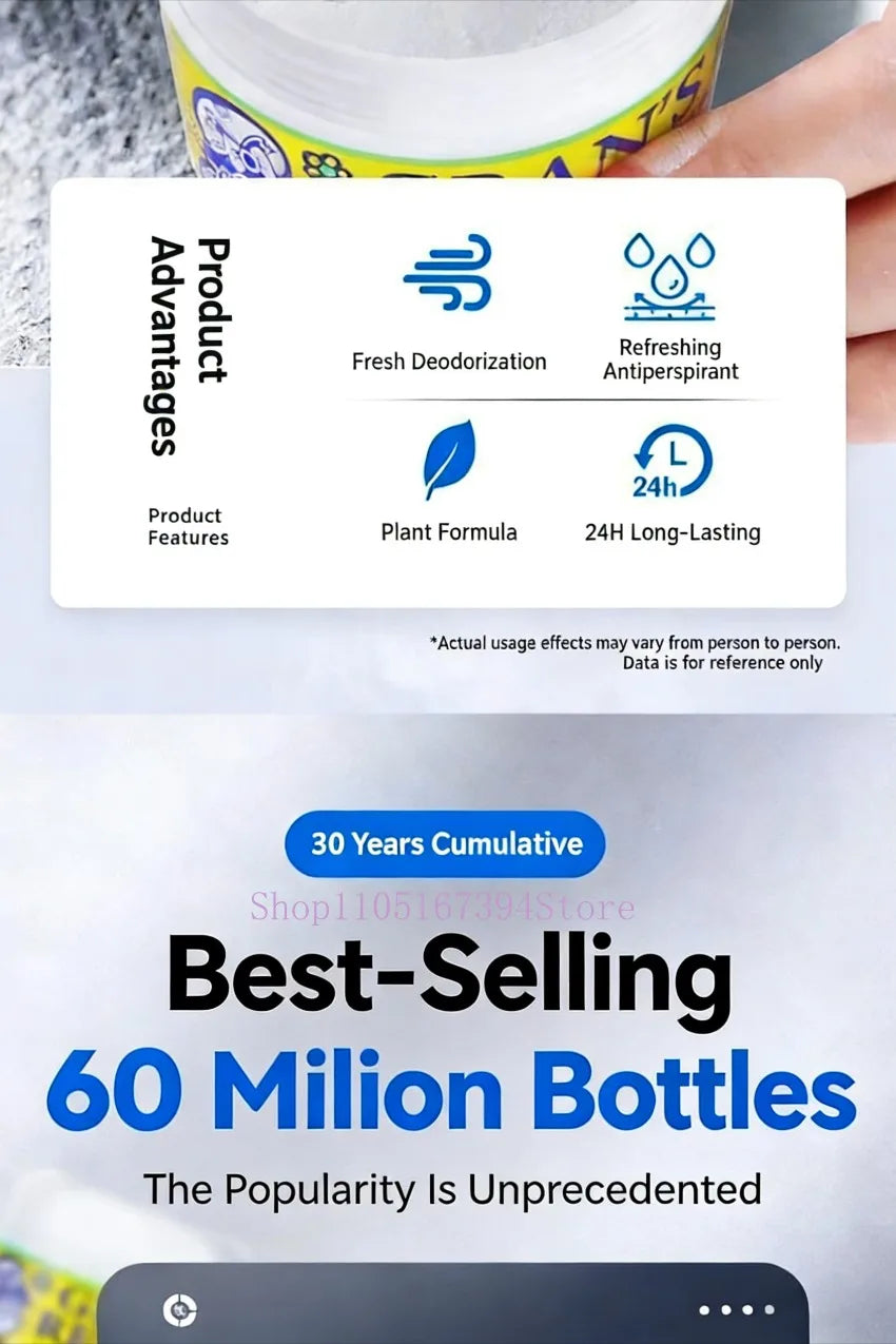 Gran's Remedy foot powder jar showing infographic with plant formula, long-lasting deodorizer, and antiperspirant icons.