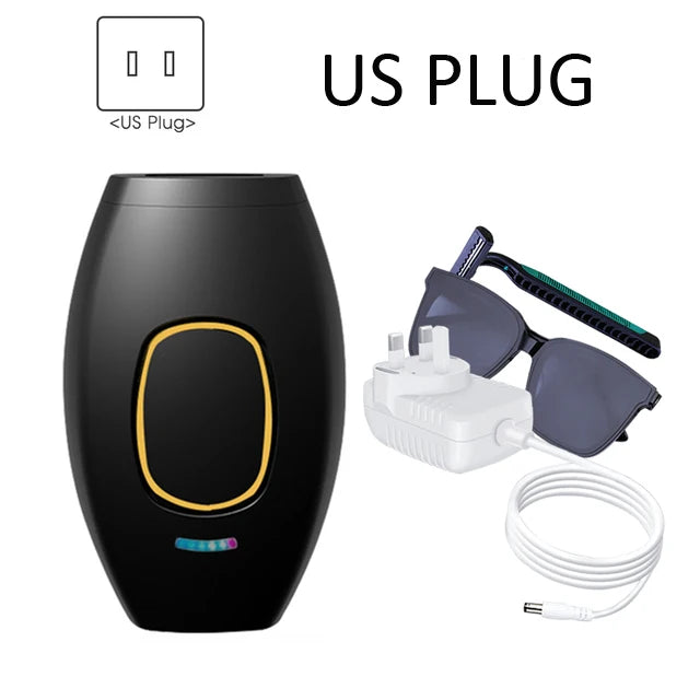 Black IPL hair removal device with US plug, safety glasses, and razor for painless home bikini and body hair removal.