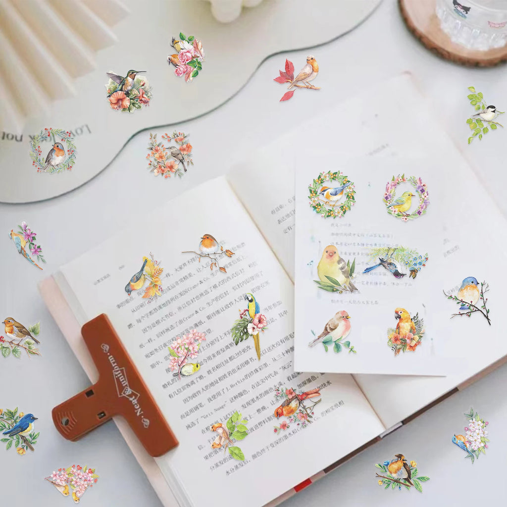 50PCS watercolor bird PET transparent stickers for aesthetic scrapbooking, DIY journaling, and artistic craft decoration.