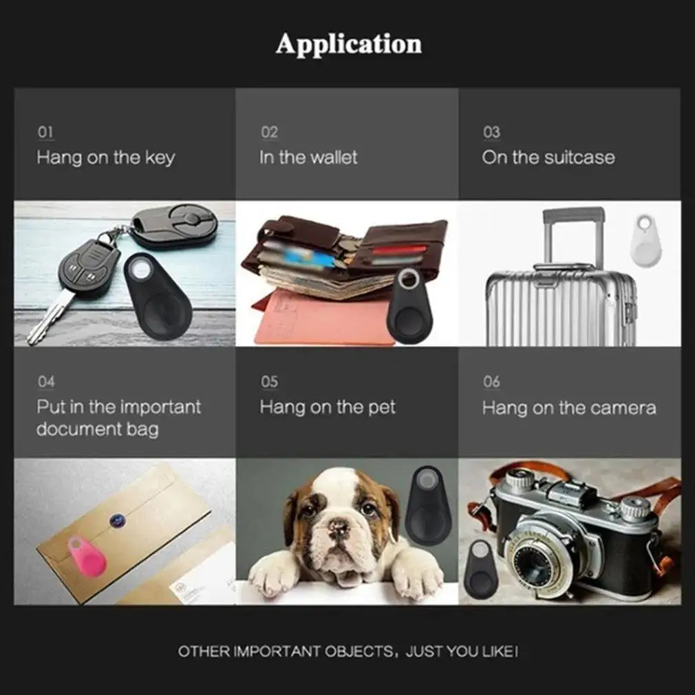 Mini wireless GPS tracker tag for pets, keys, and bags. Bluetooth anti-lost alarm for real-time location tracking.