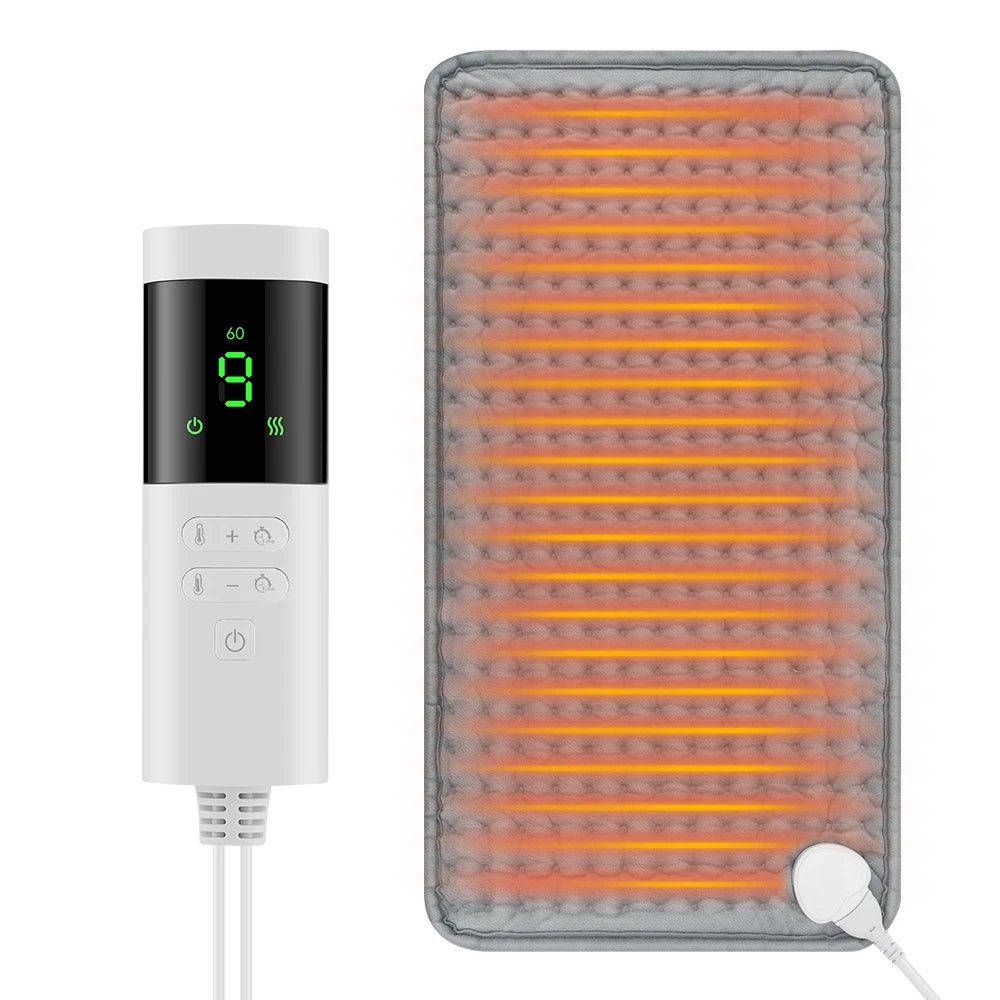 Rectangular grey fabric heating pad with wired digital controller for adjustable temperature and timer settings.