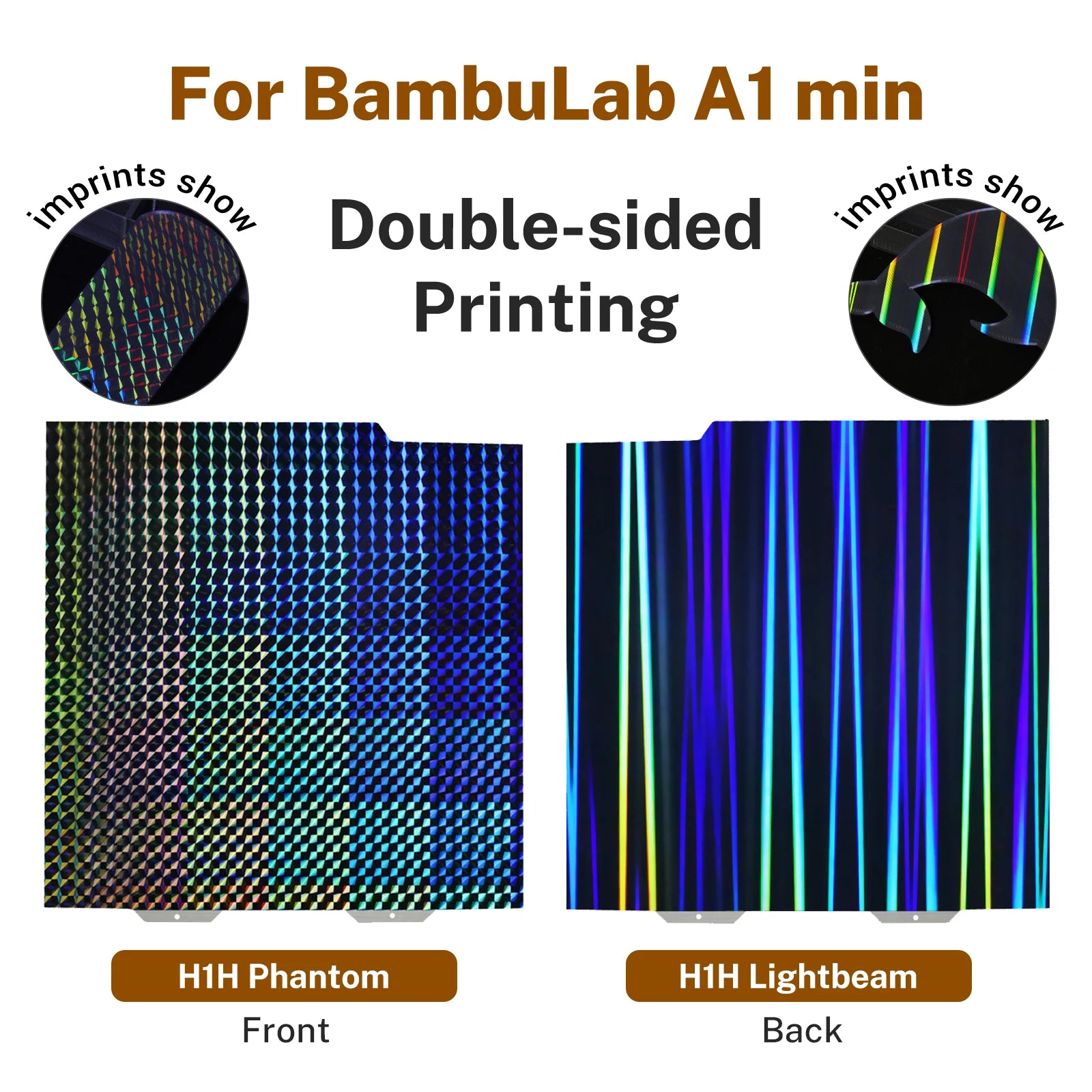 Double-sided 184x184mm H1H steel build plate for Bambu Lab A1 Mini, creating textured holographic 3D printing patterns.