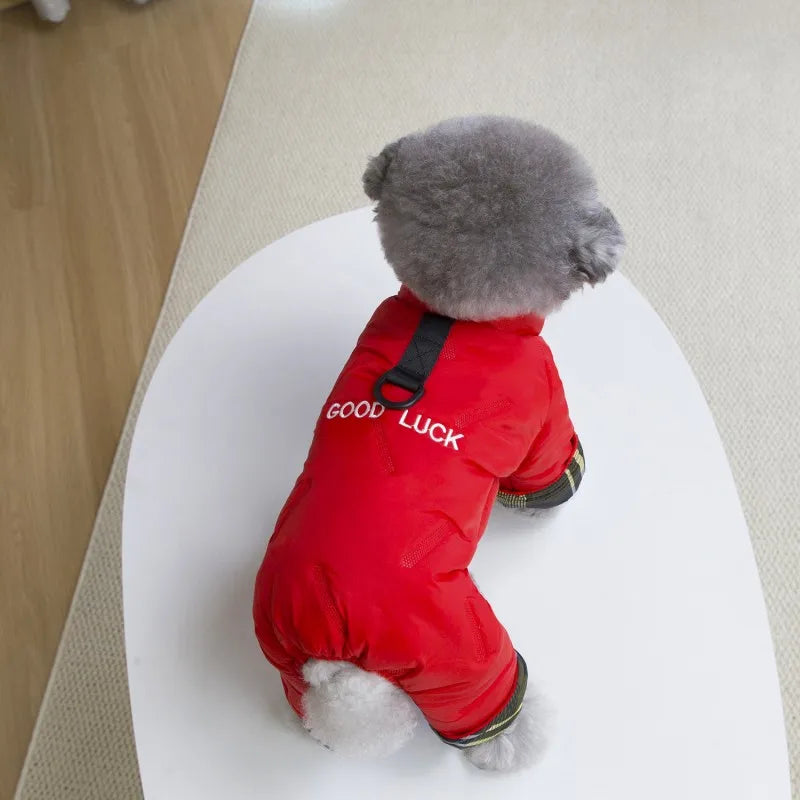 Red waterproof winter dog jumpsuit with harness hole for small breeds, keeps puppy warm and dry in cold weather.