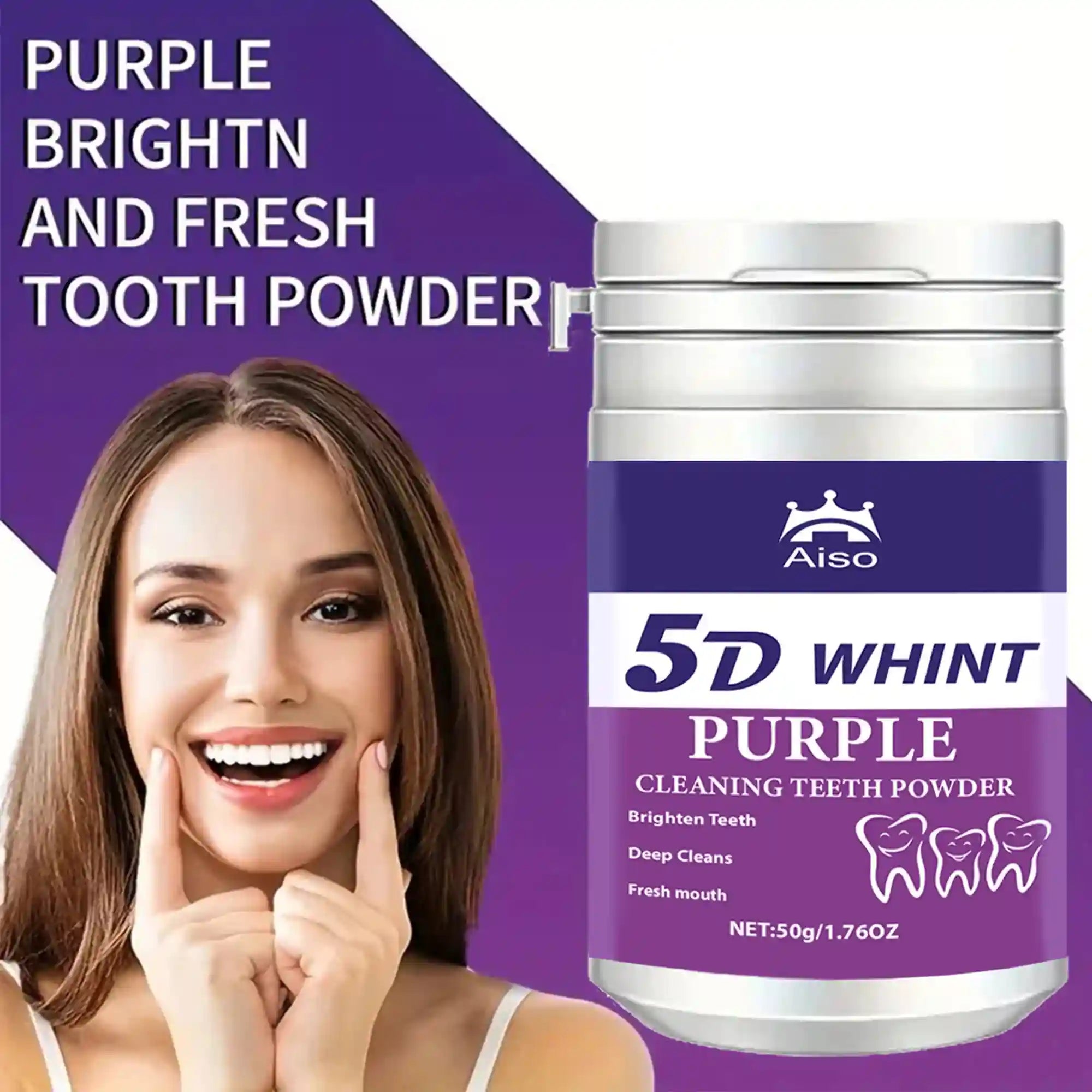 Tidesmit 5D purple teeth whitening powder for effective stain removal and fresh breath, perfect for travel.