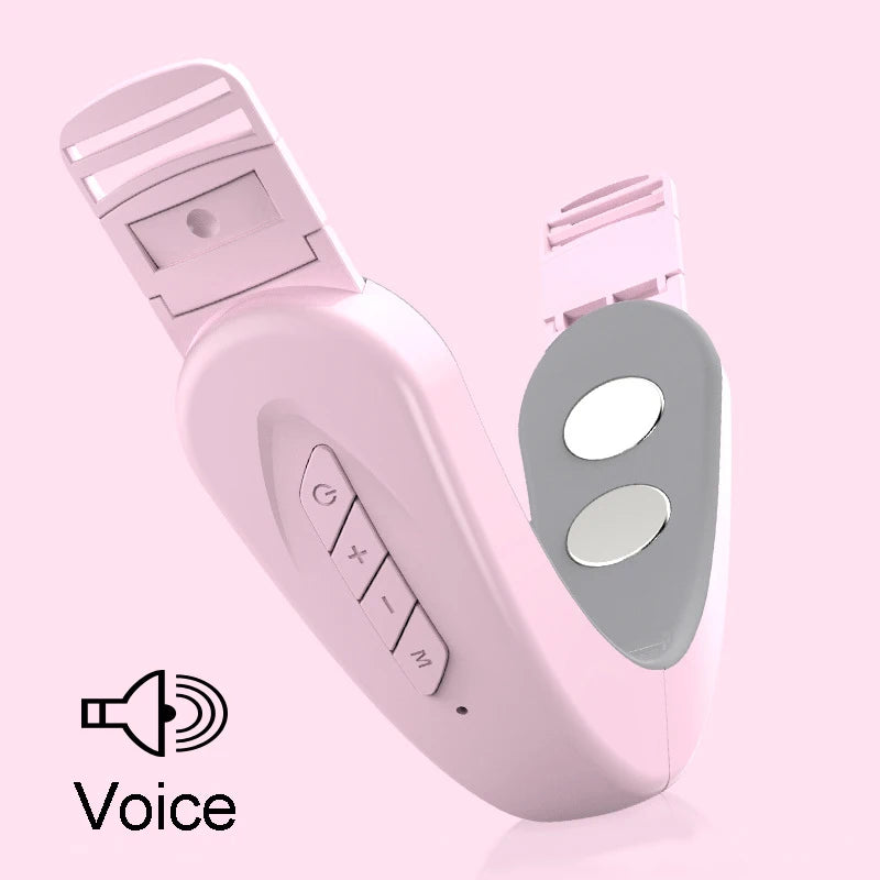 Light pink neck massager with adjustable straps, control buttons, and two silver metal contact pads.