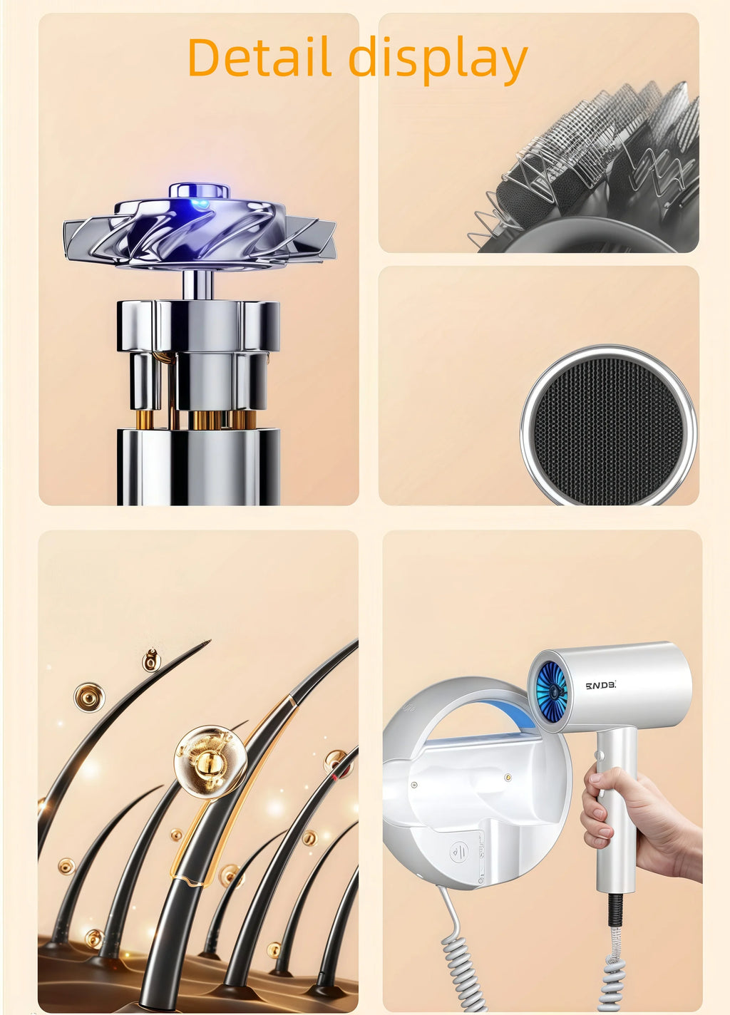 1800W wall-mounted hair dryer with blue light, constant temp, coil cord, and motor detail for home or hotel use.
