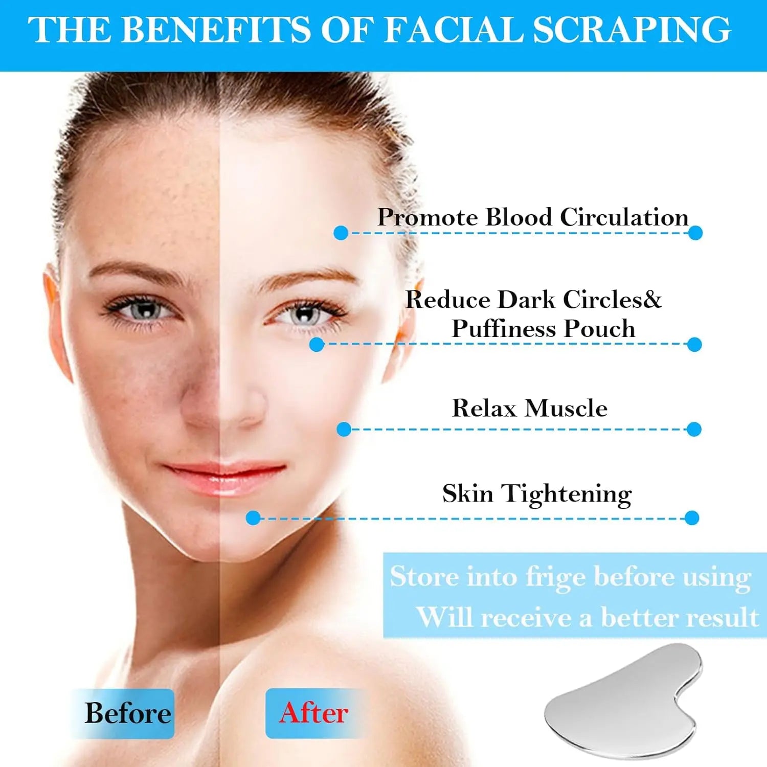 Infographic showing benefits of facial scraping with a before-and-after face and a smooth, heart-shaped stainless tool.