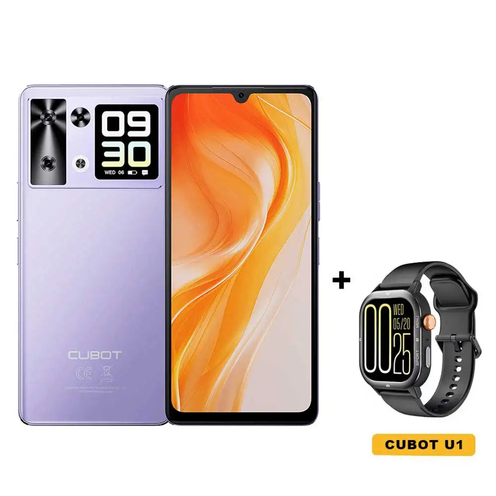 Purple Cubot P90 Android smartphone 24GB/256GB with 64MP camera and black Cubot U1 smartwatch bundle.