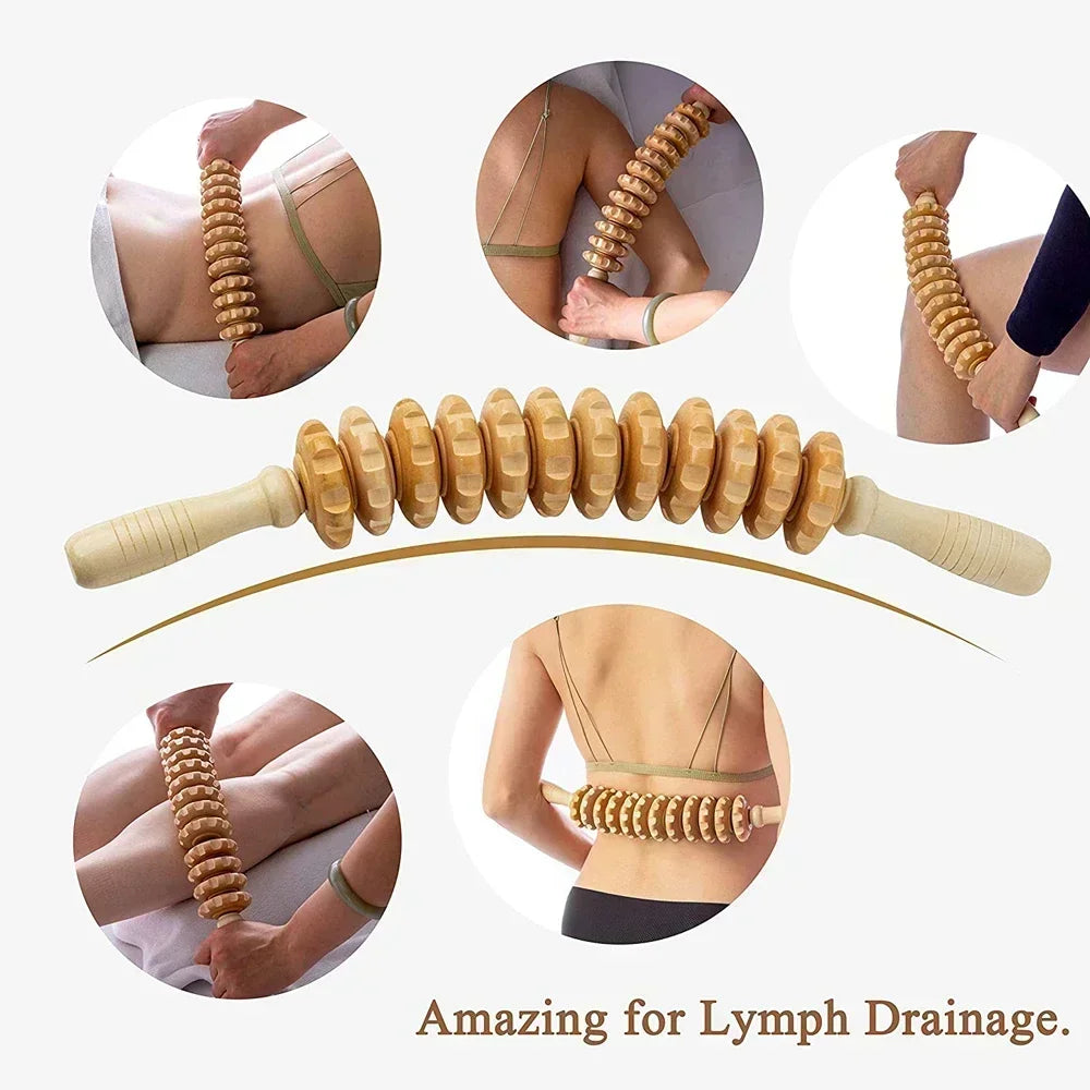 Wooden massage roller stick with 12 rotating notched wheels for lymphatic drainage and muscle relaxation.