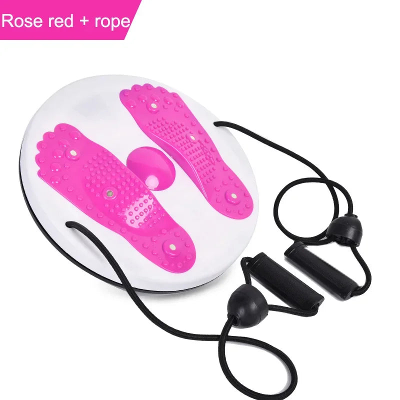 Rose red and white plastic waist twisting disc with foot-shaped massage pads and attached black exercise resistance