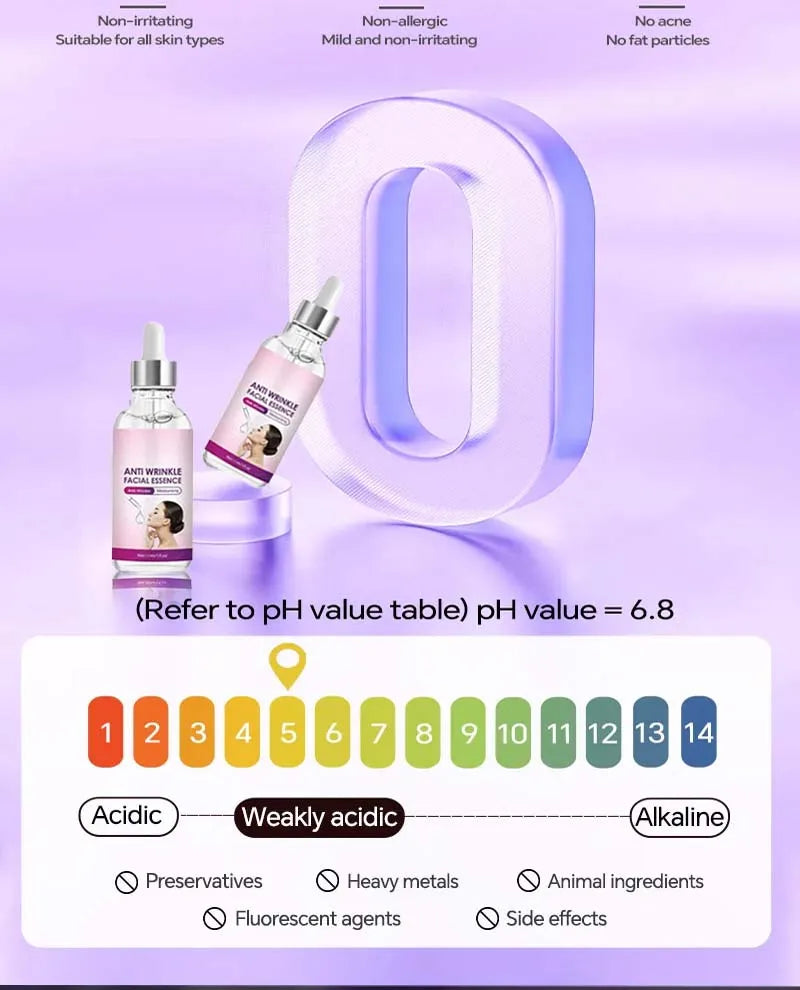 Anti-wrinkle facial essence in clear dropper bottles for skin firming, elasticity, and anti-aging skincare.