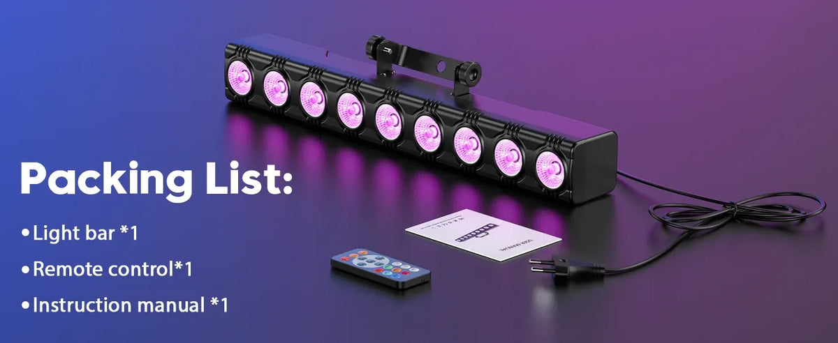 RGBW LED light bar with handle, remote control, and instruction manual