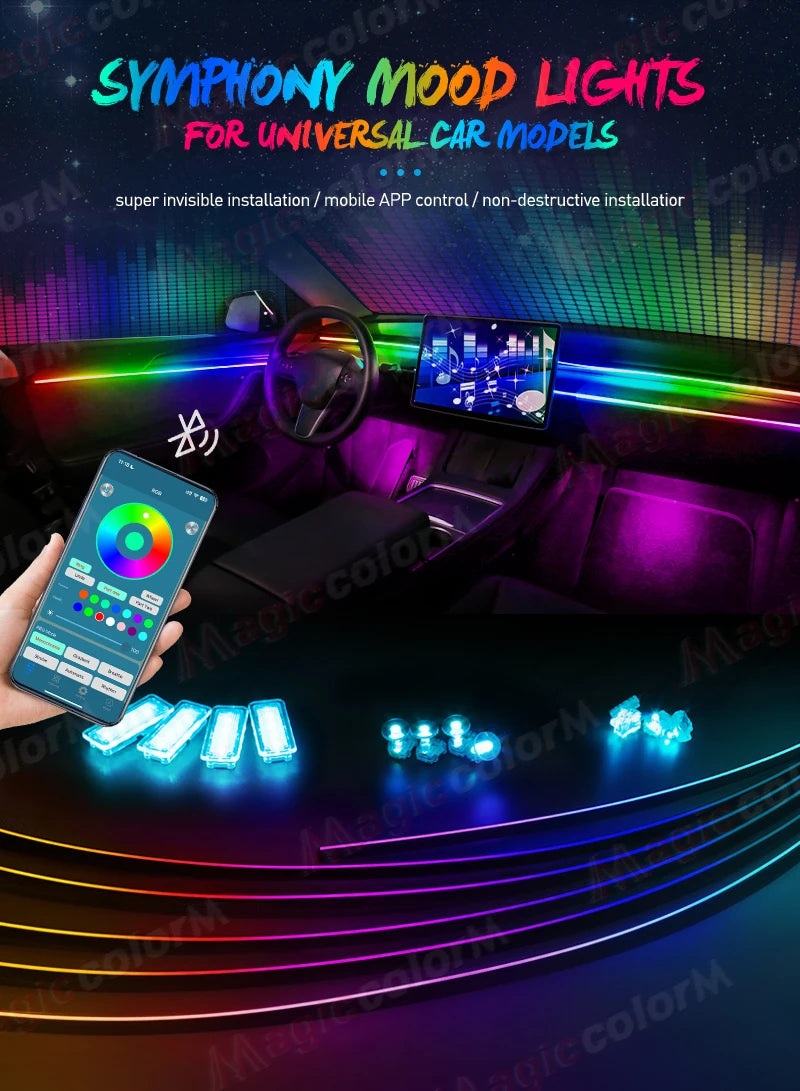 Multicolor LED ambient light strips for car interiors, controlled via smartphone app for custom color settings.