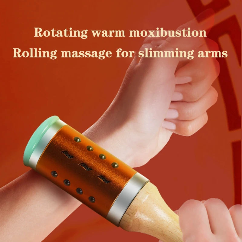 Handheld warm jade rolling massage device for arm slimming and moxibustion therapy on an orange background.