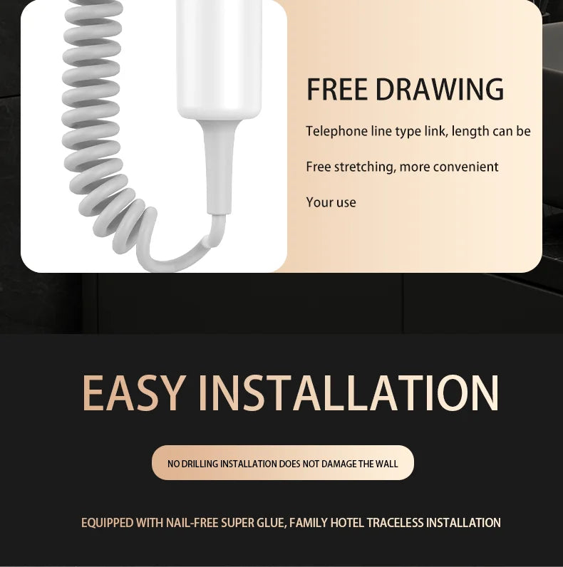 White HOMEFISH wall-mounted hotel hairdryer with stretchable coiled cord and drill-free adhesive installation design.