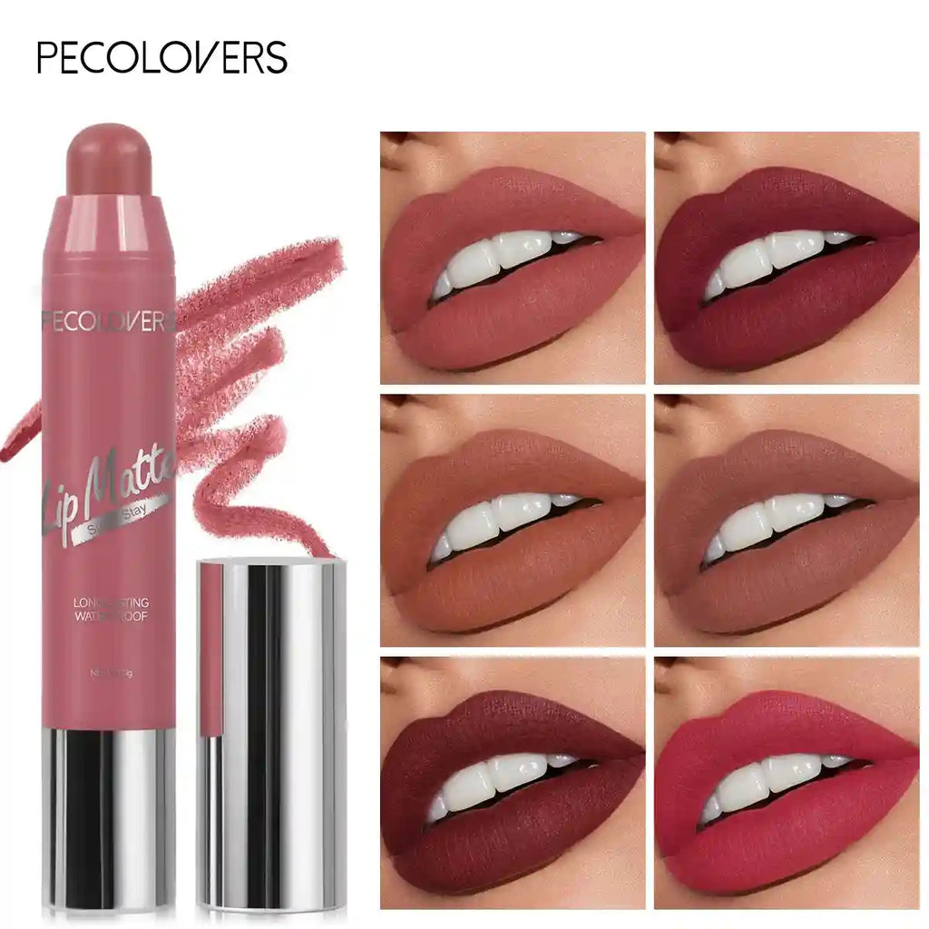 Velvet matte lipstick crayon in nude apricot and various shades with a long-lasting, waterproof, non-stick finish.