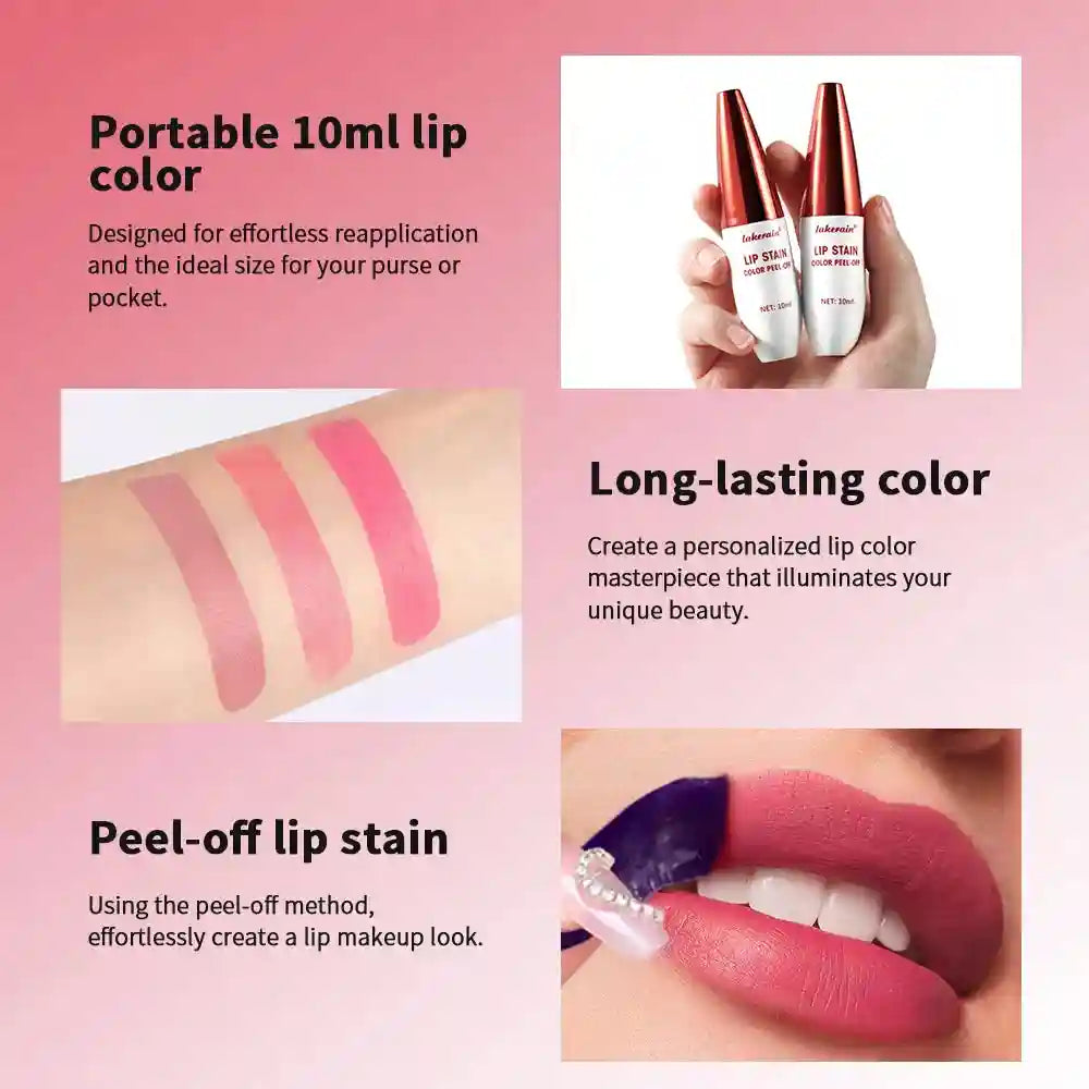 Waterproof peel-off lip stain with matte finish. Includes 3 portable 10ml transfer-resistant tattoo lip colors.