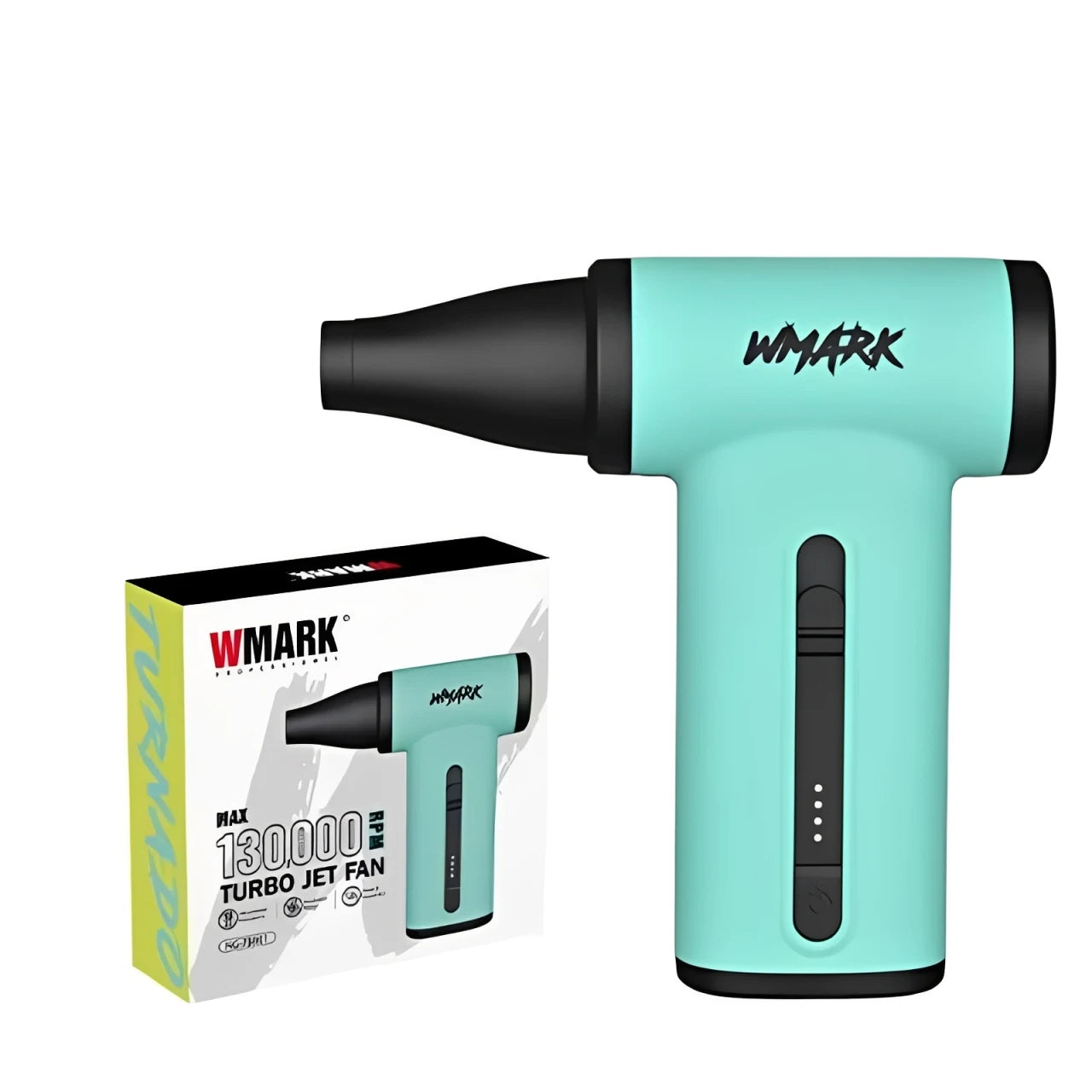 WMARK 130000 RPM handheld turbo jet fan hair dryer in mint green with nozzle attachment and packaging box.