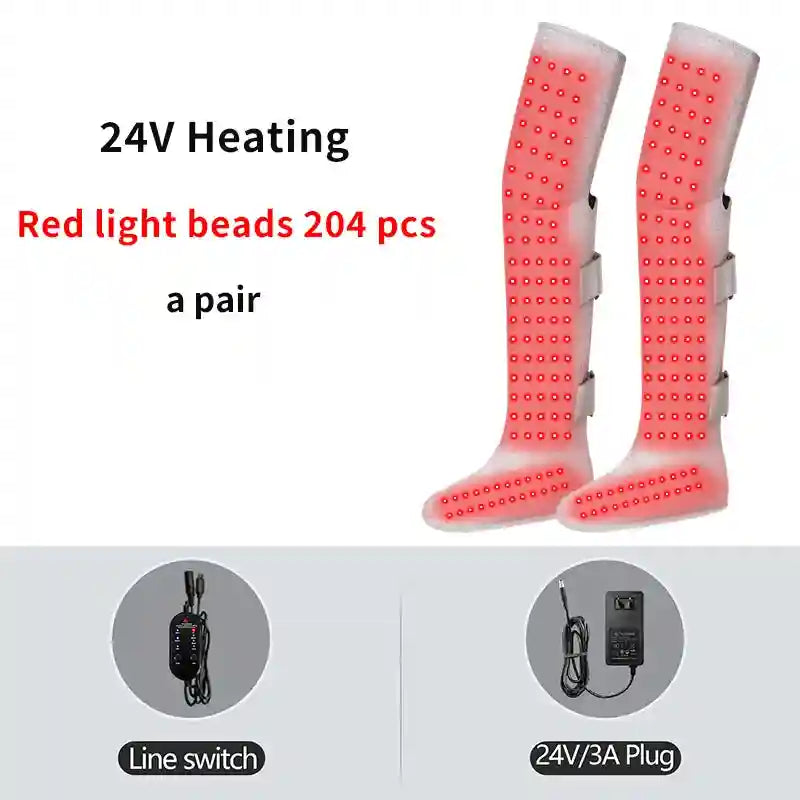 Pair of light-grey leg physiotherapy boots with 204 glowing red LED light beads, a corded switch, and a 24V power plug.