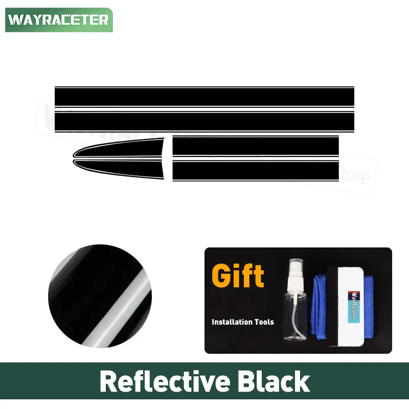 Reflective black vinyl racing stripes for Fiat cars with included installation tool kit featuring spray and squeegee.