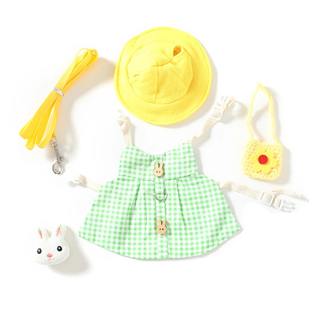 Cute green gingham rabbit harness, leash, yellow hat, and bag set for safe outdoor walks for bunnies or guinea pigs.